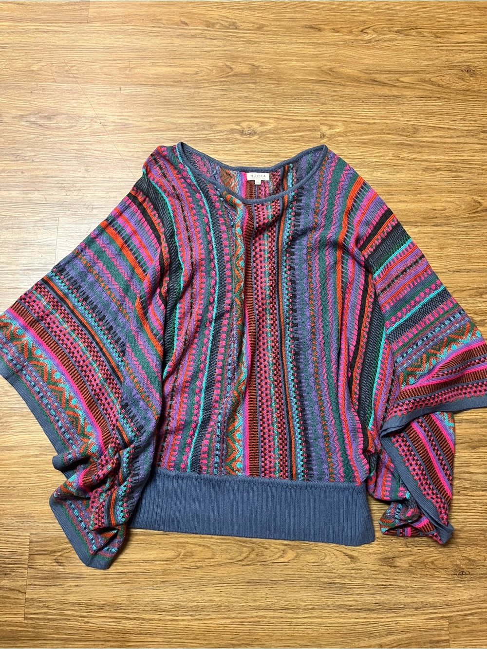 NOVICA Peruvian Knit Poncho Sweater Alpaca Blend Multicolor Striped Boho Fiesta